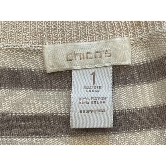 Chico's Tan, Ivory Lightweight Striped Long Open Front Cardigan Sweater, M - Picture 5 of 7